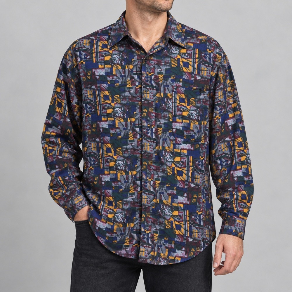 Vintage Protest 90s Silk Abstract Geometric Button Down Shirt Mens Medium Multi